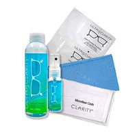 Ultra Clarity Lens Cleaner Kit Includes: 1 oz Spray Bottle, 6 oz Refill Bottle, Soft & Hard Microfiber Cloths, 1 Cloth case, and 3 Wet Wipes