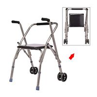 Elderly Walker with Seat and Wheel, Portable Folding Height-Adjustable Stainless Steel Disabled Walking Frame, Four-Legged Walking Stick, Bathroom Chair