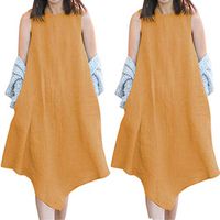 Sleeveless Irregular Dress Women,Mosunx Clothing A Line O-Neck Solid Simple Hide Tummy Loose Sundress Blouse Tank Top (Small, Khaki)