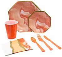 Pantone Living Coral Marble Pack! Disposable Paper Plates, Napkins, Cutlery and Cups Set for 16