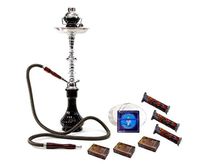 Combo! Black Gini Hookah Shisha 1 Hose + Wind Cover + 100pcs Aluminum + 3 Boxes of Soex Herbal Sheesha 50gr Each Mix + 3 Rolls of Charcoal Coals 10 tabs Each
