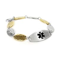 My Identity Doctor - Womens Medical ID Bracelet with Custom Engraving - 1.5cm Gold Tone Steel Petals - Black - Wrist Size 7 Inch