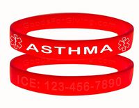 Custom Asthma ID Bracelet Wristbands - 2 Pack - Red - 7 Inches - Youth
