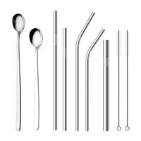 Set of 7 Stainless Steel Straws set,5 Pcs Reusable Metal Straws(6mm, 8mm,12mm wide) and 2 Pcs Coffee/Tea Spoon for 20oz 30oz Tumblers Cups Mugs Rumblers Beverage-Include 2 Cleaning Brush (Silver)