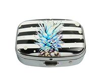 LCTCKP Custom Fashion Square Glass Silver Pill Case Decorative Metal Western Medicine Tablet Container Box (Black and White Stripes Pineapple)