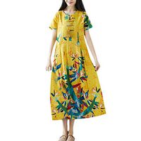Plus Size Vintage Summer Casual Cute Women Short Sleeve Cotton Linen Dress Yellow