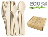 Disposable Wooden Cutlery Set - 100% Biodegradable Natural Utensils - Eco Friendly, Compostable Plastic Alternative Flatware - Birch made- Party Kit of 200 -100 Forks 50 Spoons 50 Knives