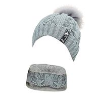 Theoylos Womens 2-Pieces Beanie Hat Scarf Set Winter Warm Knit Hat Thick Fleece Lined Hat & Scarf Plus Velvet Ski Cap Gray