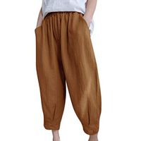 CCatyam Harem Pants for Women, Yoga Trousers Linen Plus Size Belt Pocket Solid Loose Fashion Brown
