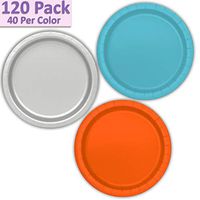 120 Paper Dessert Plates (7") - Aqua, Silver, Orange - 40 Per Color, 3 Colors - Great Assortment for Birthday Parties, Weddings, Holidays, Baby Shower, Celebrations, and more