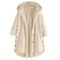 Plus Size Women Hooded Coat Winter Warm Long Sleeve Plush Fleece Jacket Irregular Button Outwear Overcoat Pocket S-5XL (4X-Large, White)