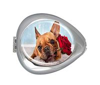 Brown French Bulldog with Red Rose Custom Silver Oval Pill Box Pocket Purse Pill Case Medical Tablet Holder Weekly Pill Organizer Decoration Box Wallet
