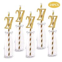 27th Birthday Paper Straw Decor, 24-Pack Real Gold Glitter Cut-Out Numbers Happy 27 Years Party Decorative Straws