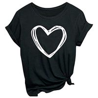 Meikosks Womens Short Sleeve O-Neck Blouses Love Printed T Shirt Basic Tops Summer Casual Tops Black
