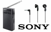 Sony ICFP26 Portable AM/FM Radio Black & Bonus Sony MDR-E9LP Black Stereo Earbuds