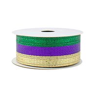 Striped Mardi Gras Wired Ribbon - 1 1/2" x 10 Yards, Metallic Purple, Green, Gold, Christmas Decor, Holiday Garland, Gifts, Wrapping, Wreaths, Bows