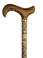 Walking Cane-Snakeskin-This walking stick cane has an elegant Snakeskin print on maple wood shaft with scorched hardwood derby handle. This wooden cane has a weight capacity of 250 pounds and 35 inches long.