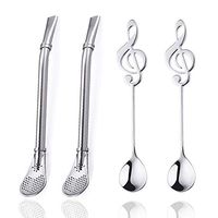 Yerba Mate Bombilla Drinking Filter Straws Set,2 Pcs Stainless Steel Straws Straw Loose Leaf Tea Infuser with 2 Pcs Music Spoons, Filter Stirring Straws