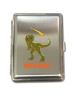 Dinosaur Never Forget Asteroid & Tyrannosaurus Rex Humor - Metal Kings Size Cigarette Case Holder Brushed Chrome Slim 16 Cigs Design Spring - Birthday, Bachelor, Party, Weddings, Gift