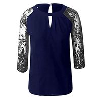 general3 Women Lace Long Sleeve T Shirt Solid Hollow Out O-Neck Shirts Loose Simple Blouse Tops (Navy, Large)
