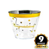 Congratulations Gold Rim Plastic Cups. 100 pack/9 oz, clear golden rimmed cup for cocktails, wine and water. Fancy disposable tumblers for parties, weddings, and special celebrations.