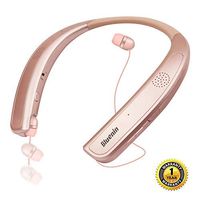 Bluetooth Headphones Speaker 2 in 1,Bluenin Neckband Wireless Headset Wearable Speaker True 3D Stereo Sound Sweatproof Headphones with Retractable Earbuds Built-in Microphone (Rose Gold)