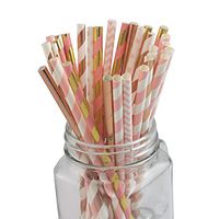 Luckystar Biodegradable Rose Gold and PInk Paper Straws Bulk, Pack of 150 Metallic Foil Striped/Wave/Polka Dot Straws for Birthday, Wedding, Bridal/Baby Shower, Celebrations and Party Supplies