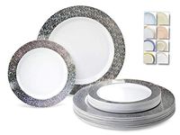 " OCCASIONS " 50 Plates Pack (25 Guests)-Heavyweight Wedding Party Disposable Plastic Plate Set -25 x 10.25'' Dinner + 25 x 7.5'' Salad/Dessert plates (Hollywood White & Silver)