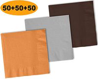 150 Beverage Napkins, Autumn Orange, Shimmering Silver, Brown - 50 Each Color. 2 Ply Paper Cocktail Napkins. 5" folded, 10" unfolded.