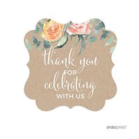Andaz Press Peach Kraft Brown Rustic Floral Garden Party Baby Shower Collection, Fancy Frame Gift Tags, Thank You for Celebrating with US, 24-Pack