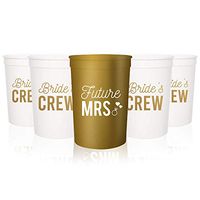 Bachelorette Stadium Cups Plastic Bride and Bridesmaid Decoration Party Favors - Set of 12 Bride's Crew Print White