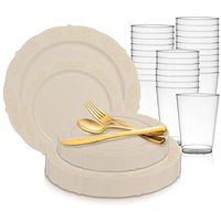 Disposable Plastic Dinnerware Wedding Value Set for 120 Guests - Includes Fancy Round Ivory Dinner Plates, Dessert/Salad Plates, Gold Silverware Set/Cutlery & Cups For Birthday Party & Other Occasions