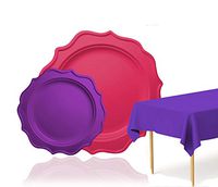 Tiger Chef 49-Pack Hot Pink and Purple Color Round Scalloped Rim Disposable Plastic Plate Set for 24 Guests Includes 24 10-Inch Dinner Plates, 24 8-Inch Salad Plates, 1 Tablecloth - BPA-Free