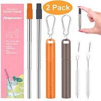 2 Pack Reusable Portable Metal Straws, Fomuson Telescopic Foldable Stainless-Steel Drinking Straw with Case and Cleaning Brush Carabiner for Coffee Juice Smoothie Milkshake BPA Free (Orange, Grey)
