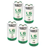 5x SAFT LS33600BA Size D 3.6V 1700mAh Lithium Battery for Emergency Backup, Data Collection, AMR Add-ons, Smoke Alarms, Carbon Monoxide Detectors, Intrusion Sensors, Fleet Monitoring