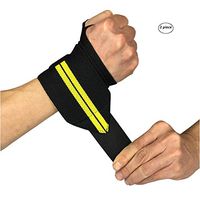 Elastic Wrist Straps Wraps Support Brace with Thumb Loops for Men Women Weightlifting,Training,Fitness, (Black+Yellow(2pcs))