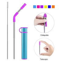 Reusable Collapsible Straw, Portable Stainless Steel Drinking Straw with Case, Straw Tip and Cleaning Brush for Travel, Party, Outdoor and Home Use (Blue Case Purple Tip)