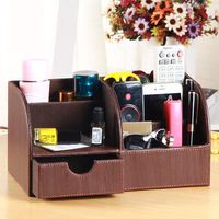 T-ZJHC Multi-Function Desktop Storage Box Creative Business Card Box Pen Holder Office Stationery, Brown Wood Grain Multi-Function Storage, 28 14.5 14.5cm