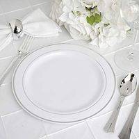 Efavormart 50 Pcs - White with Silver 9" Round Disposable Plastic Plate for Wedding Party Banquet - Tres Chic Collection