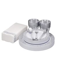 Fete Silver Disposable Dinnerware – Lace Silver rim 25 Guest, 175 Pack Of Heavy-Duty Plastic – 25 Dinner Plates 10.25”, 25 Dessert Plates 7.5”, 25 Cups, 25 Napkins, 25 Forks, 25 Spoons, 25 Knives,