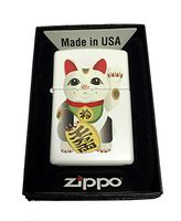 Zippo Custom Lighter - Lucky Japanese Maneki Neko Beckoning Cat - Regular White Matte