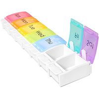 Weekly 7 Day Pill Organizer - Medication & Supplement Organizer - Large Dispenser for Medicine, Vitamins & Fish Oil - Color Coded, Printed Days, BPA Free, Convenient, Push Button