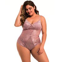 Haxikocty One Piece Bodysuit Women Plus Size Mesh Lace V-Neck Teddy Lingerie Jumpsuit Underwear Pink