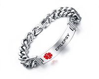 Mealguet Jewelry EPILEPSY-12mm Stainless Steel Medical Alert ID Chain Bracelets for Men, 8.2"/Deep Black Engraving