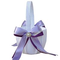 Zehui Bow Flower Girl Basket, Wedding Party Decorations, White and Purple Satin Faux Pearl