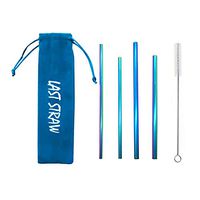 LAST STRAW Sky Blue Velvet Collection – Portable 304 Stainless Steel Cocktail Length Eco-Friendly Drinking Straws - Set of 4 Washable Rainbow Metal Straws + Brush + Velvet Carrying Pouch