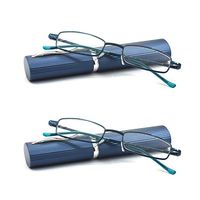 EYE ZOOM 2 Pack Ultra Slim Compact Lightweight Tube Reading Glasses with Portable Clip Aluminum Case, Navy Blue Strength +3.00