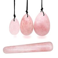 Yoni Eggs Massage Stones Stick,3pcs Natural Drilled Rose Crystal Quartz Jade Eggs and 1 pcs Massage Stick for Kegel Exercise Eggs Healing Stone to Train Pelvic Muscles