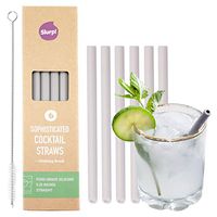 Slurp Straw 6 Pack & Cleaning Brush, 5.25 inch Short Reusable Silicone Drinking Straws for Cocktails, Coffee, Small Glasses and Cups - Food Grade Silicone - Silver