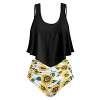 Women Two Piece Swimsuit High Waist Swimwear Ruffled Top with Sunflower Swim Bottom （Black,L）